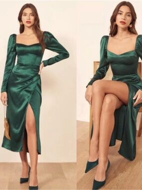 Reformation 100% Silk Emerald Green Long Sleeve Midi Dress Corset Slit Size 4